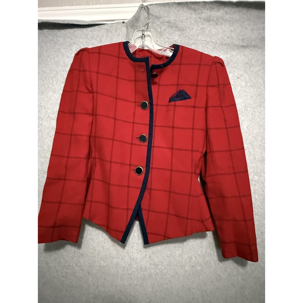 Vtg Petite Sophisticate Blazer Womens 0 Red Plaid Trim Lined Jacket Old Money